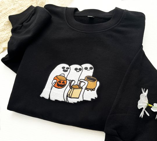Embroidered Ghost Sweatshirt, Halloween Embroidered Sweatshirt