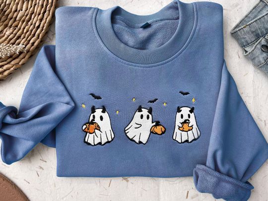 Embroidered Pumpkin Ghost Sweatshirt, Jack-o-Lantern Sweatshirt