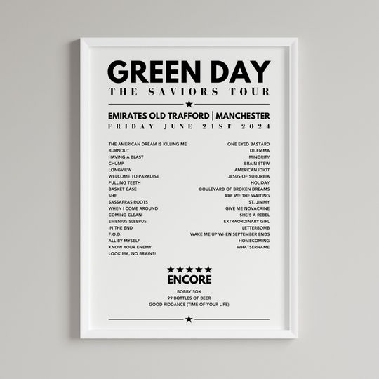 Green Day Setlist Poster - Emirates Old Trafford, Manchester, June 21st 2024 (ALL DATES COVERED)