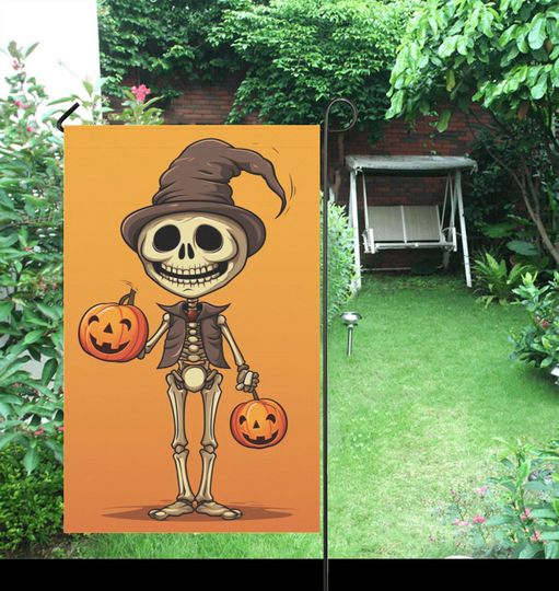 Skeleton Garden Flag, Fall Autumn Pumpkin Halloween Home Banner Spooky