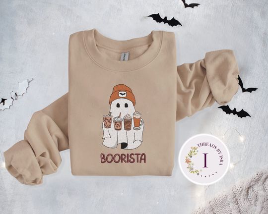 Embroidered Ghost Iced Coffee, Halloween Pullover, Coffee Lovers Gift Crewneck