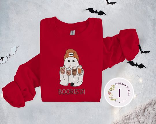 Embroidered Ghost Iced Coffee, Halloween Pullover, Coffee Lovers Gift Crewneck