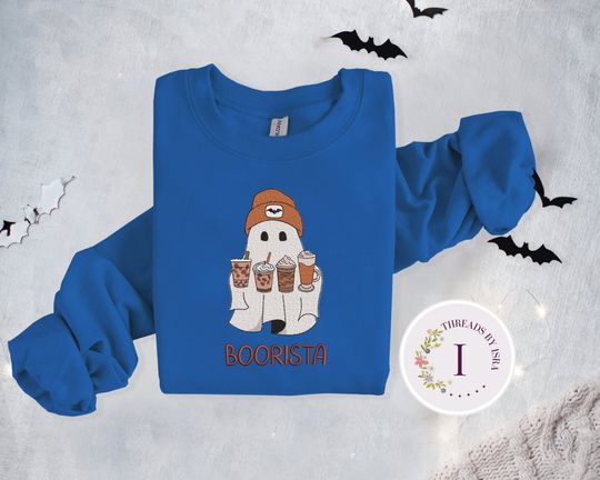 Embroidered Ghost Iced Coffee, Halloween Pullover, Coffee Lovers Gift Crewneck