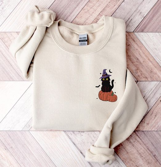 Black Cat Pumpkin Sweatshirt, Halloween Embroidered Sweatshirt,