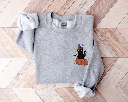 Black Cat Pumpkin Sweatshirt, Halloween Embroidered Sweatshirt,