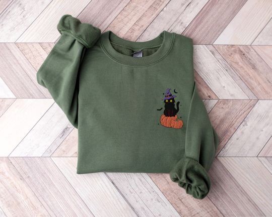 Black Cat Pumpkin Sweatshirt, Halloween Embroidered Sweatshirt,