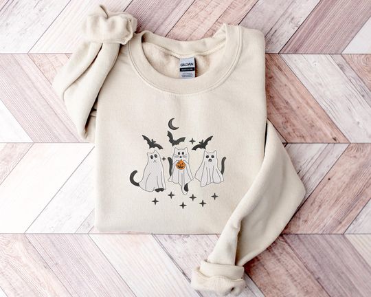 Ghost Cats Sweater, Embroidered Cute Halloween Kittens Sweatshirt