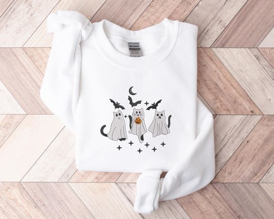 Ghost Cats Sweater, Embroidered Cute Halloween Kittens Sweatshirt