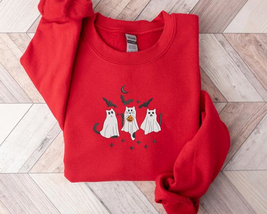 Ghost Cats Sweater, Embroidered Cute Halloween Kittens Sweatshirt