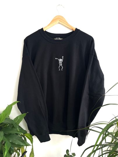 Dancing skeleton black embroidered Halloween sweatshirt spooky season