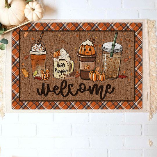 Fall Coffee Doormat, Fall Doormat, Halloween Pumpkin Spice Orange Plaid Rug, Halloween Doormat, Fall Welcome Mat, Fall Decor, Hello Pumpkin