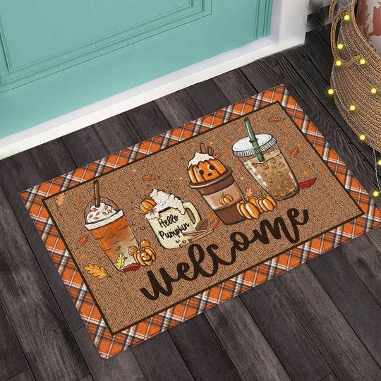 Fall Coffee Doormat, Fall Doormat, Halloween Pumpkin Spice Orange Plaid Rug, Halloween Doormat, Fall Welcome Mat, Fall Decor, Hello Pumpkin