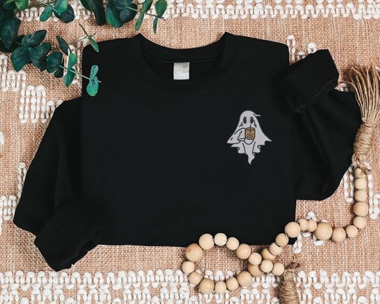 Halloween Ghost with Coffee Sweatshirt, Cute Ghost Embroidered Sweater