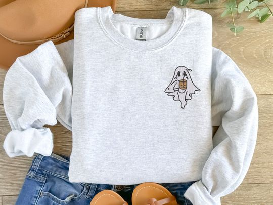 Halloween Ghost with Coffee Sweatshirt, Cute Ghost Embroidered Sweater