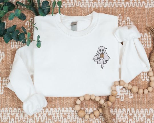 Halloween Ghost with Coffee Sweatshirt, Cute Ghost Embroidered Sweater