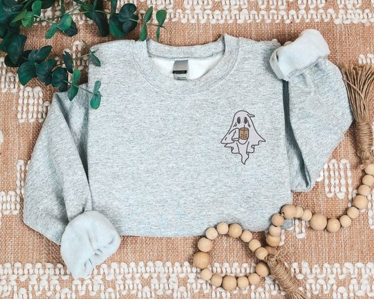 Halloween Ghost with Coffee Sweatshirt, Cute Ghost Embroidered Sweater