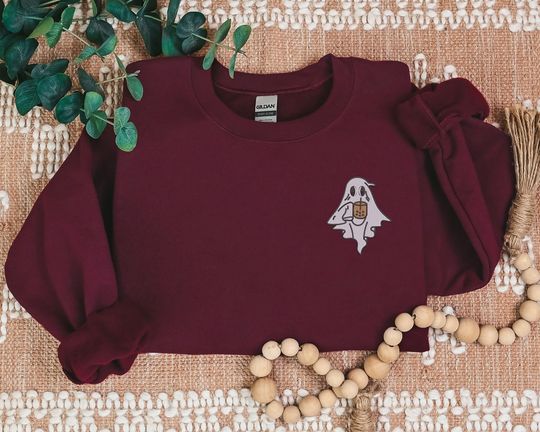 Halloween Ghost with Coffee Sweatshirt, Cute Ghost Embroidered Sweater