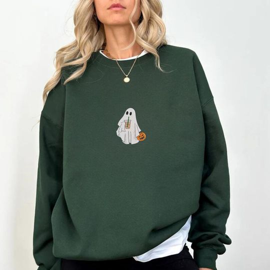 Ghost with Coffee Embroidered Sweatshirt, Halloween Embroidered Sweatshirt