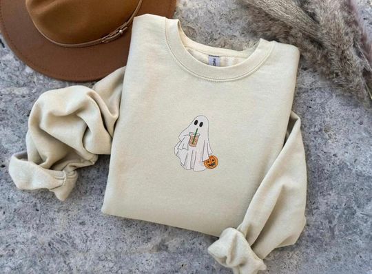 Ghost with Coffee Embroidered Sweatshirt, Halloween Embroidered Sweatshirt