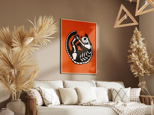 Halloween Cat Poster | Skeleton Cat Print | Whimsical Halloween Decor