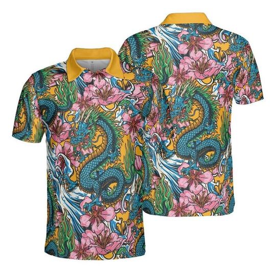 Sakura Flowers And Dragons Polo Shirt