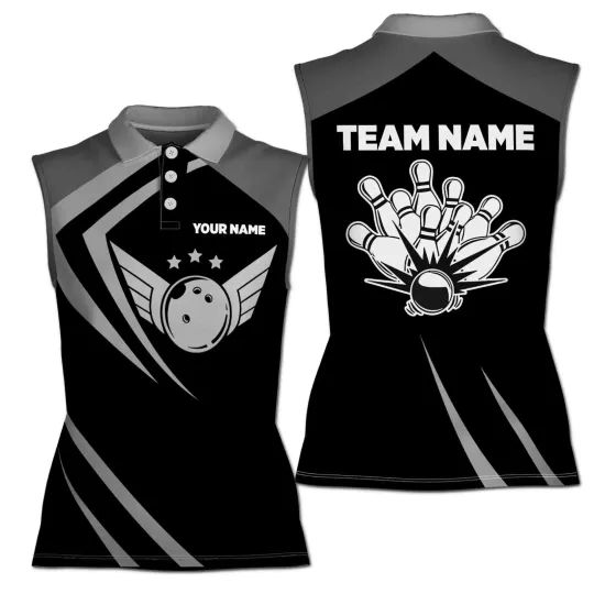 Black Retro Vintage Bowling Custom Bowling Team Women Sleeveless Polo