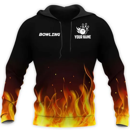 Customized 3D All Over Print Black Bowling Hoodie, Bowling Strike Fire 3D On Shirt