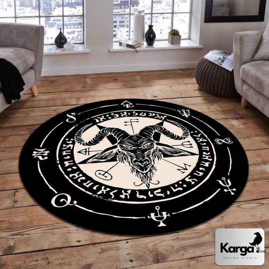 Evil Goat Round Rug, Magic Circle Mat, Satan Ritual Carpet, Witchy Gothic Decor, Star of David Pentacle Rug, Black and White Rug, Devil Rug