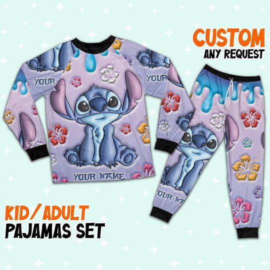 Custom Disney Lilo and Stitch Inflated Colorfull Pajamas, Custom Kid Youth Adult Pajamas, Pajamas Birthday Gift, Disney Vacation