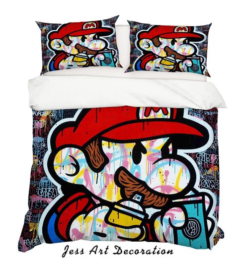 3D Graffiti Colorful Cartoon Mario Bedding Set Quilt Cover Bedroom Decor