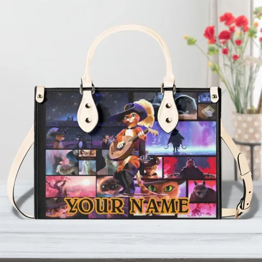 Personalized Puss In Boots Women PU Leather Handbag, Cartoon gift, gift for