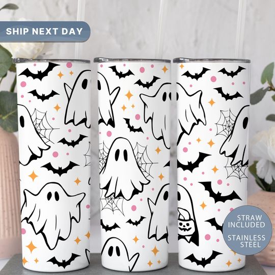 Halloween Ghosts & Bats Tumbler, Insulated Cup Keeps Drinks Hot or Cold, (TM-548)