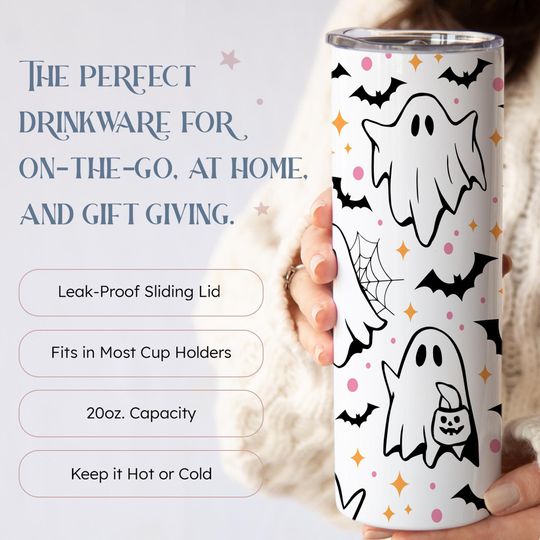 Halloween Ghosts & Bats Tumbler, Insulated Cup Keeps Drinks Hot or Cold, (TM-548)