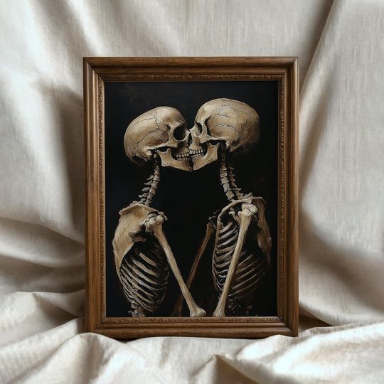 Vintage Skeleton Couple Kissing Painting, Spooky Halloween Print, Dark Academia Valentine Printable Wall Art