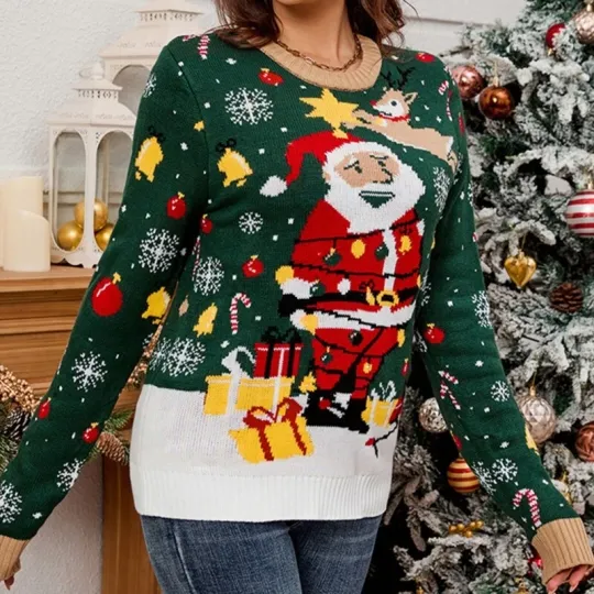 Women LED Lighted Christmas Sweater Santa Pattern Ugly Jumper Pullover Top