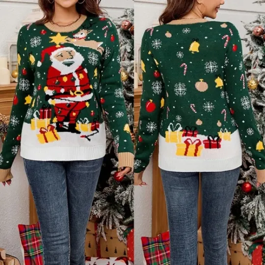 Women LED Lighted Christmas Sweater Santa Pattern Ugly Jumper Pullover Top