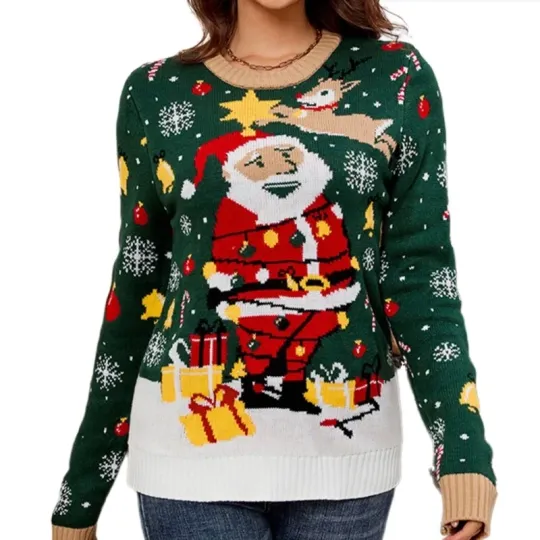 Women LED Lighted Christmas Sweater Santa Pattern Ugly Jumper Pullover Top