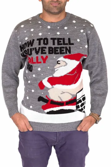 Men's Bad Santa Chimney Grey Xmas Knitted Christmas Jumper Ugly Rude Sweater Top