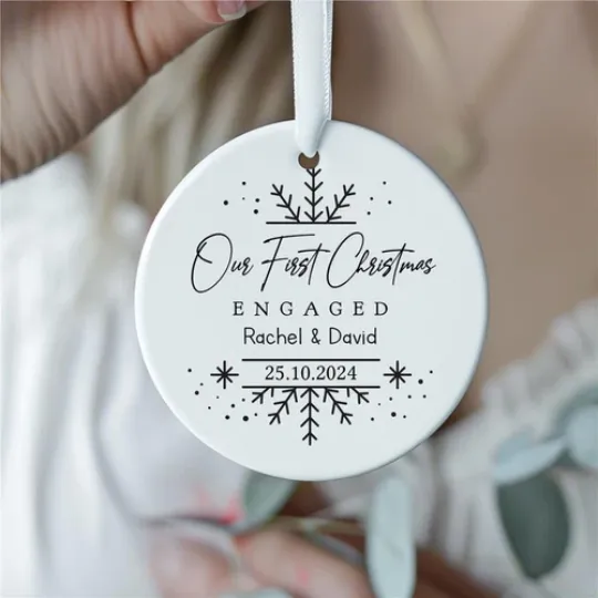 Personalised First Christmas Engaged Ceramic Decoration, Engaged Ornament