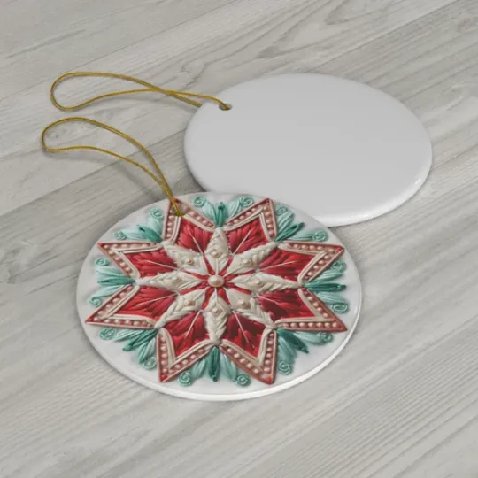 Star Embroidery Print Round Christmas Ceramic Ornament