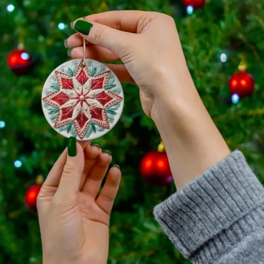 Star Embroidery Print Round Christmas Ceramic Ornament