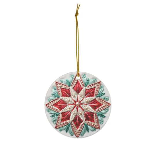 Star Embroidery Print Round Christmas Ceramic Ornament