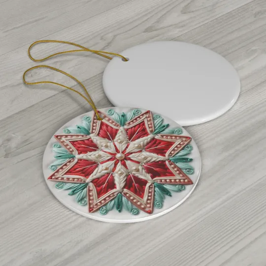 Star Embroidery Print Round Christmas Ceramic Ornament