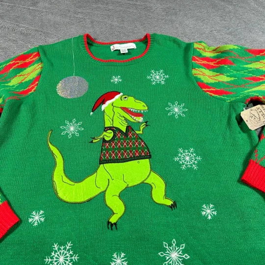 Jolly Sweaters Mens XL Green Christmas Ugly Sweater T Rex Dinosaur Disco Holiday