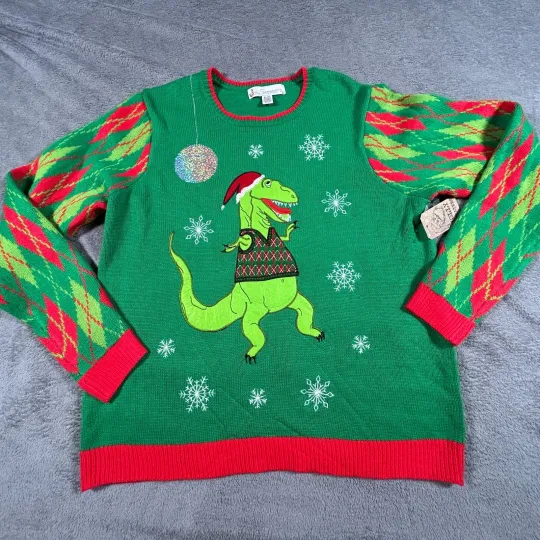 Jolly Sweaters Mens XL Green Christmas Ugly Sweater T Rex Dinosaur Disco Holiday