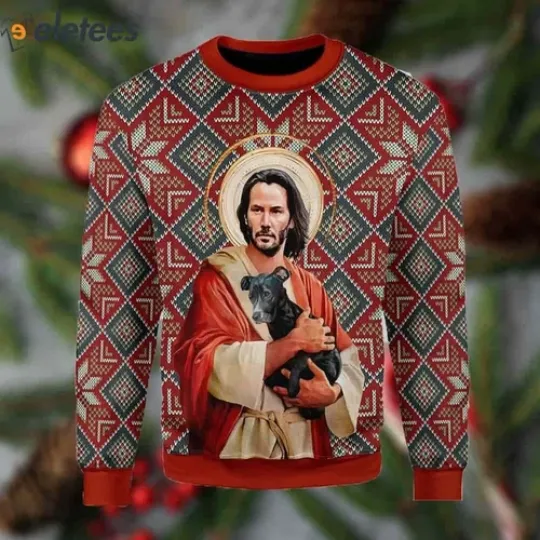 Jesus Keanu Reeves With Dog Ugly Christmas Sweater DTB04J15
