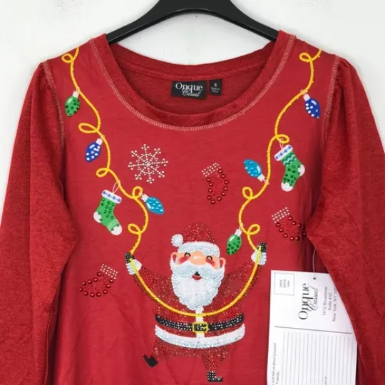 Onque Casual Women's M Ugly Christmas Sweater Red Bedazzled Santa Stocking NWT
