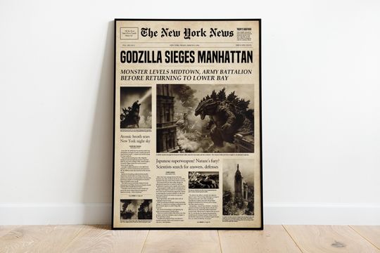 god zilla Poster | Vintage Wall Art | Retro Decor | Newspaper Print