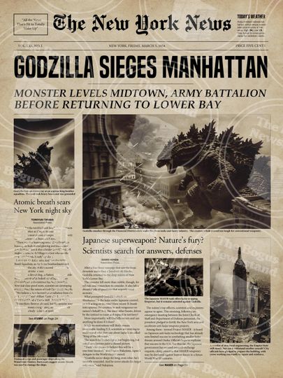 god zilla Poster | Vintage Wall Art | Retro Decor | Newspaper Print