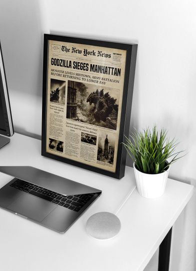god zilla Poster | Vintage Wall Art | Retro Decor | Newspaper Print